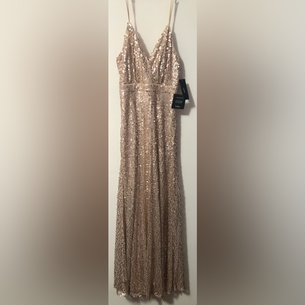 Lulu’s Maxi Sequin Women Dress. Color Tan. Size XS